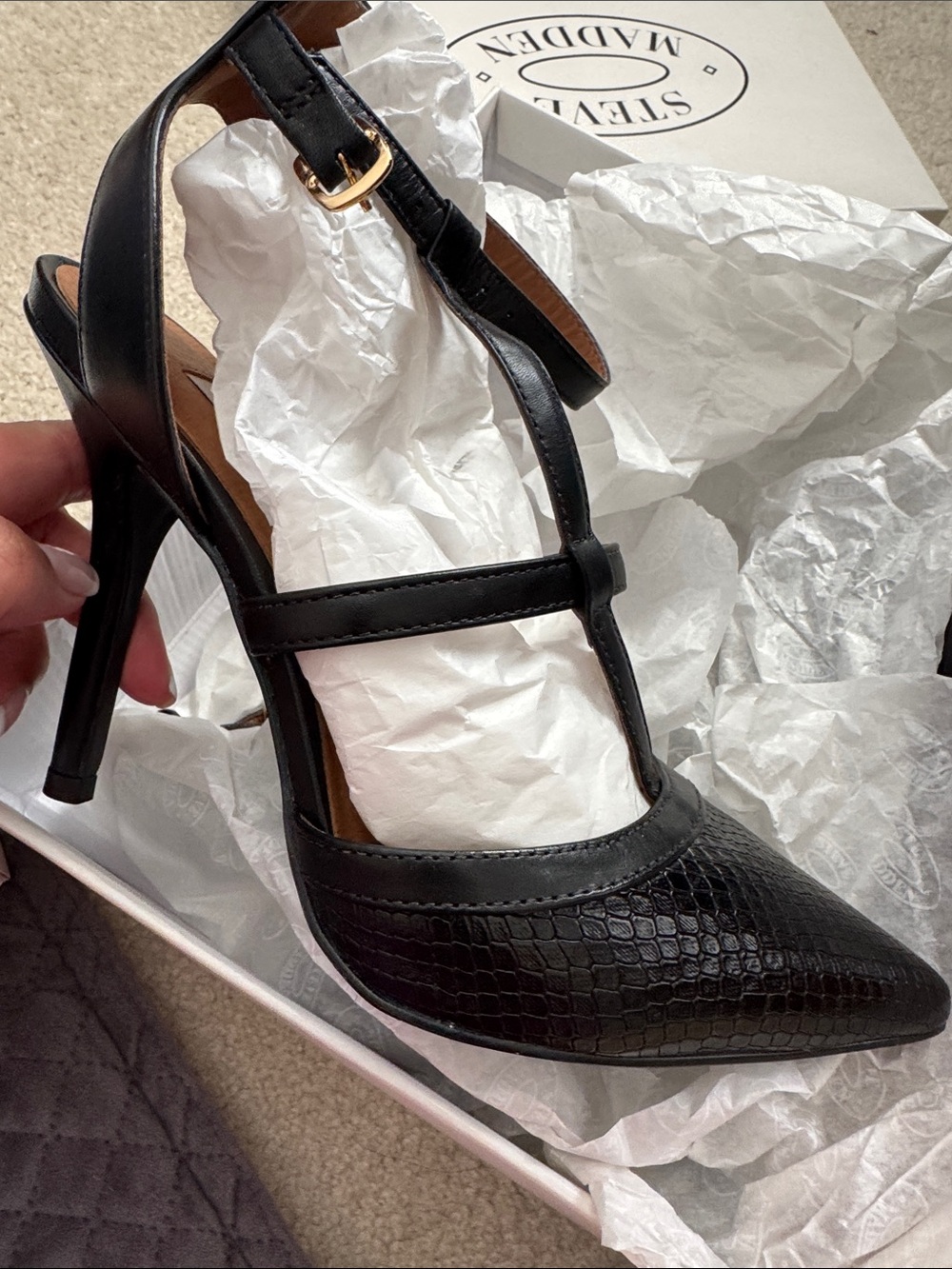 Steve Madden Black Croc-Print T-Strap Pointed Stiletto Heels